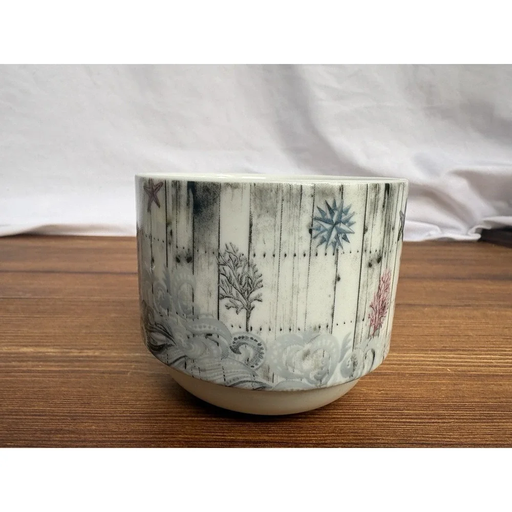 Pier 1 Coastal Nautical Mug Set w Metal Rack Beach Sea Bird Ceramic Cups
